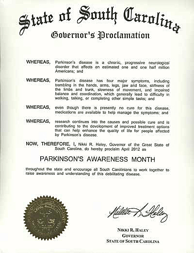 2012 SC State Parkinson Awareness Proclamation