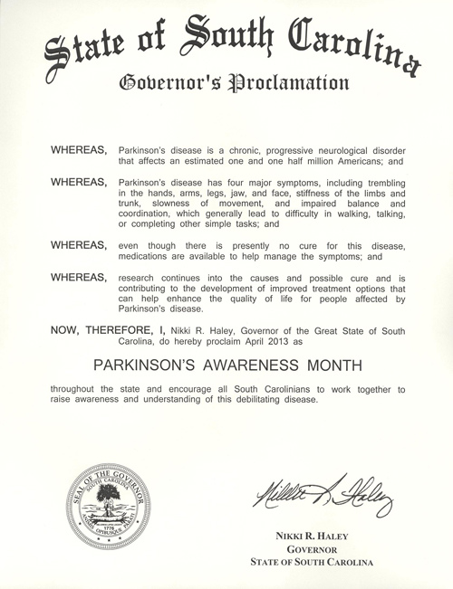 2013 SC Governor's Proclamation for Month of April is Parkinson's Awareness Month