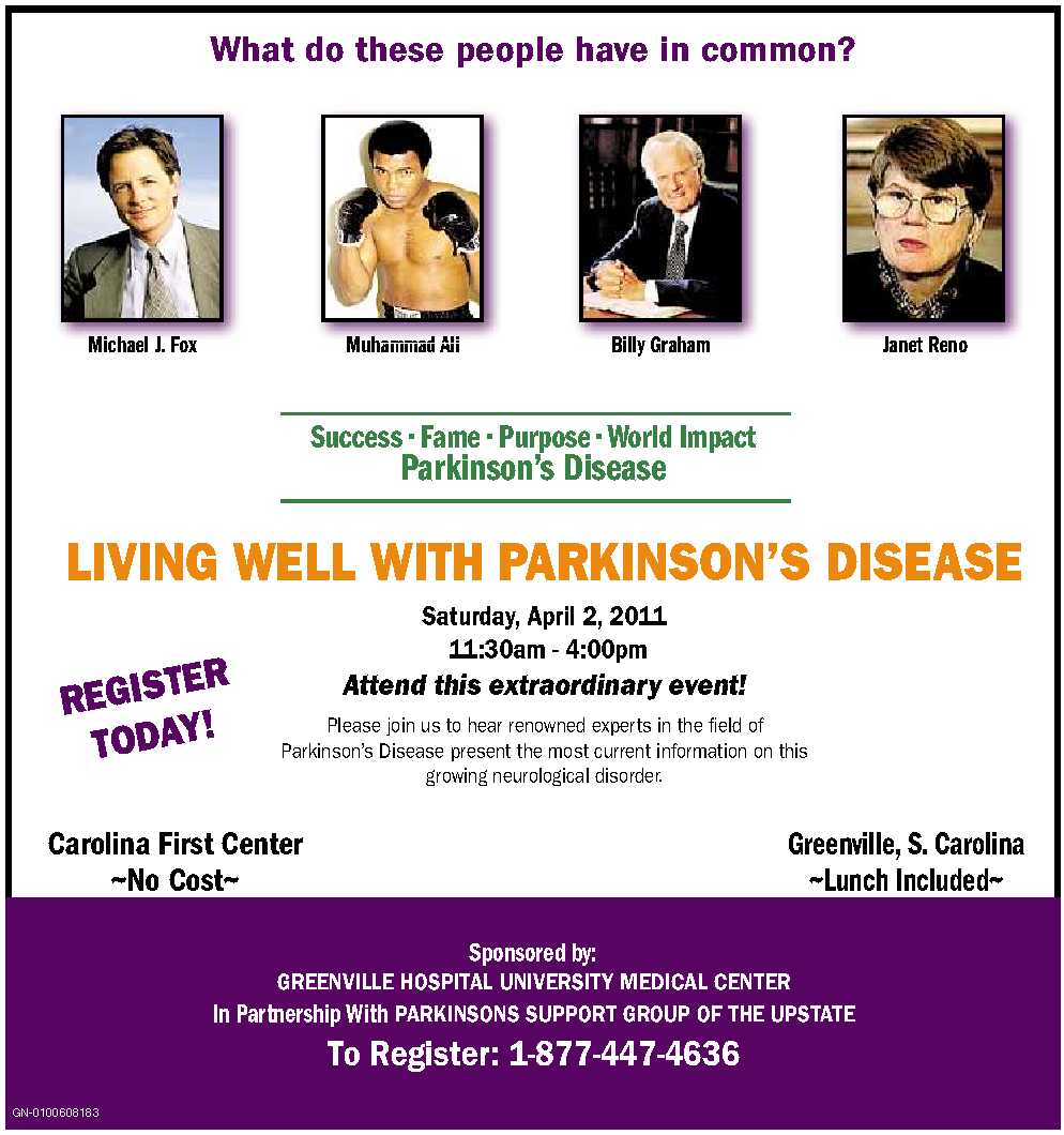 Flyer for Greenville Parkinson's Seminar