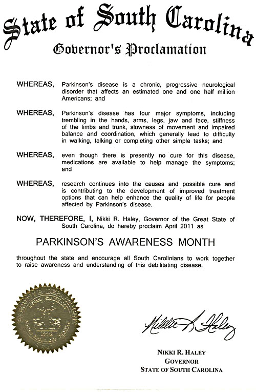 Image of 2011 SC Governor's Proclamation of Parkinson's Awareness Month